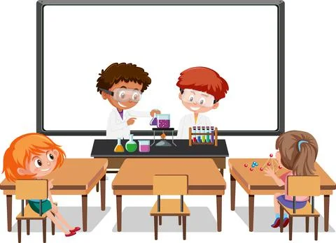Young students doing science experiment in the classroom scene Illustrazione stock