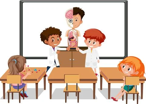 Young students explaining human anatomy in the classroom scene Stock Illustration
