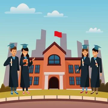 Young students in highschool building Ilustración de archivo
