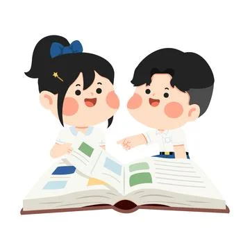 Young students reading book together in school Stock Illustration
