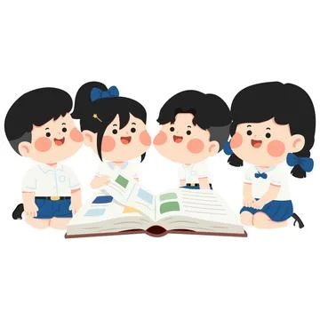 Young students reading together in school uniforms Stock Illustration