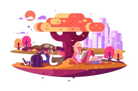 Young students sitting under tree and studying Stock Illustration