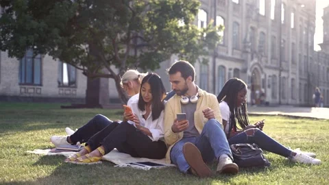 Young students spending time on campus lawn Stock Footage 163281672