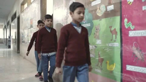 Young students in uniform walking out of their classroom in single file Stock Footage 344318264