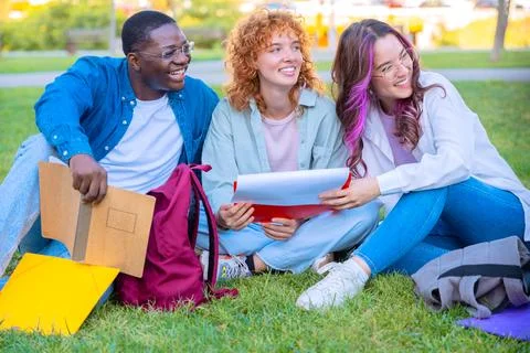 Young students using notebook together while sitting on grass outdoors Stock Photos