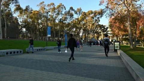 Young students walking to and from school buildings in the UCSD campus - Stock Footage