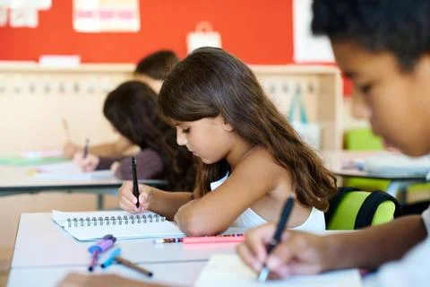 Young students writing in notebooks during elementary school class Foto stock