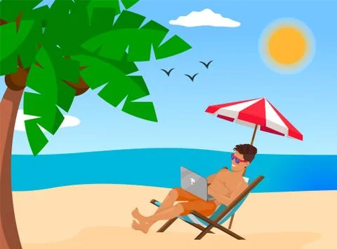 Young stylish guy in sunglasses lying on chair at beach near sea palm working Stock Illustration