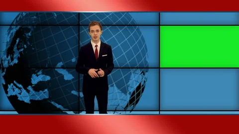 Young stylish newscaster telling news in tv studio with green mockup screen 스톡 동영상 134261953