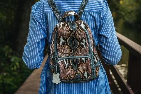 Young stylish woman with snakeskin python backpack. Stock Photos