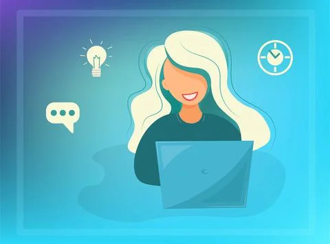Young successful blonde working on the computer. Distance learning. Illustrazione stock