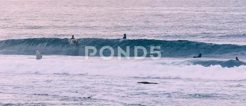 Young surfers takes the waves, vintage style photography. Stock Photos