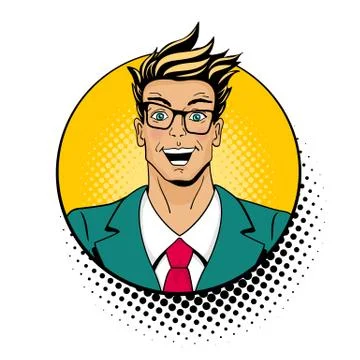 Young surprised man in glasses with open mouth in a circle with halftone Stock Illustration