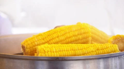Young sweet yellow boiled corn in a pot with steam coming out, veggie food. Stock Footage 181853363