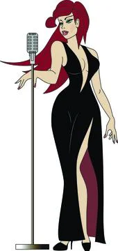A young talented singer in an elegant long black dress sings a beautiful son Stock Illustration
