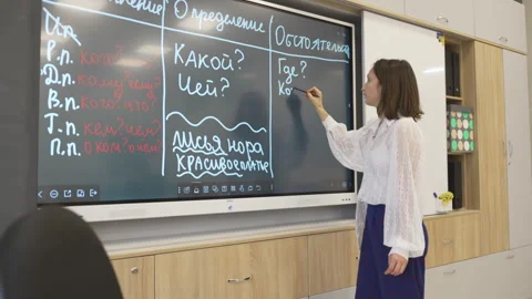Young teacher explains language rules while writing on board Stock Footage 306416723