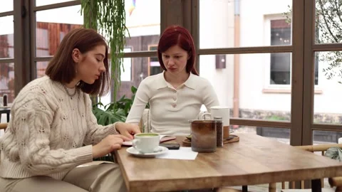 A young teacher explains material to a student in a cafe  Stock Footage 320827320