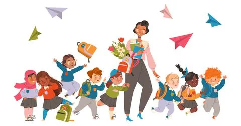Young Teacher with First Graders with Backpack Walking to School Vector Stock Illustration