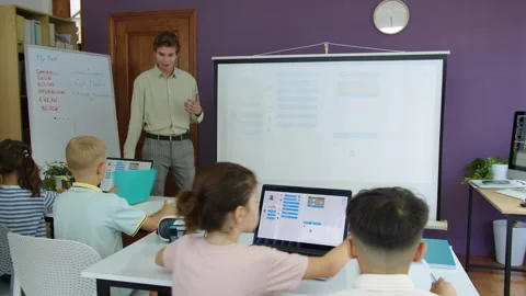 Young Teacher Having Programming Lesson with Group of Kids Stock Footage 280536049