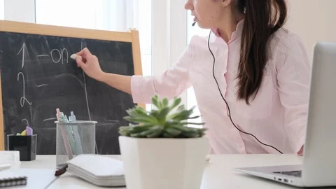 Young teacher teaching remotely and have lesson online from home.  스톡 동영상 128979655