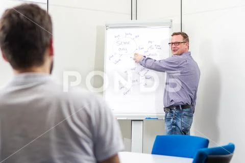 Young teacher writing english grammar on the board. Study english. Stock Photos