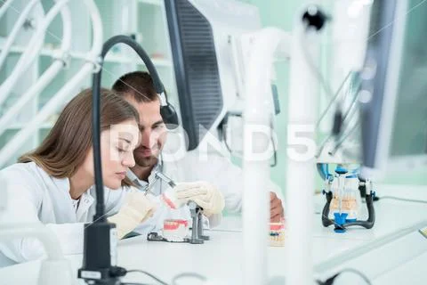 Young team of dental technicians making teeth prostetics. Process of making d Stock Photos