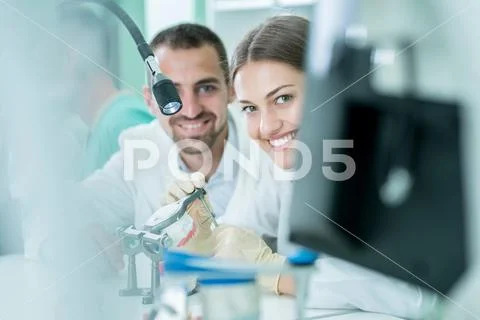 Young team of dental technicians making teeth prostetics. Process of making d Stock Photos