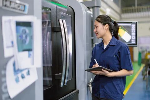 Young technician engineer worker with CNC lathe metal machine in modern ste.. Stock Photos