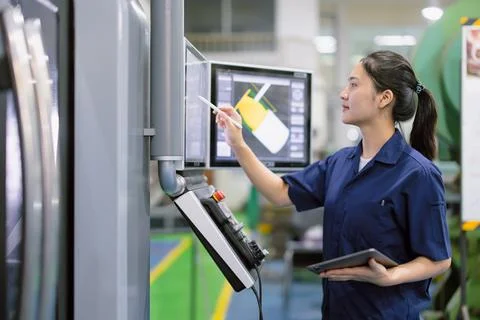 Young technician engineer worker with CNC lathe metal machine in modern ste.. Stock Photos