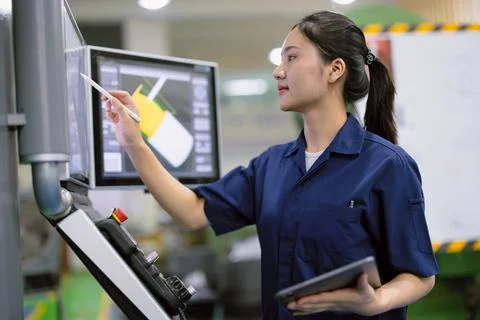Young technician engineer worker with CNC lathe metal machine in modern ste.. Stock Photos
