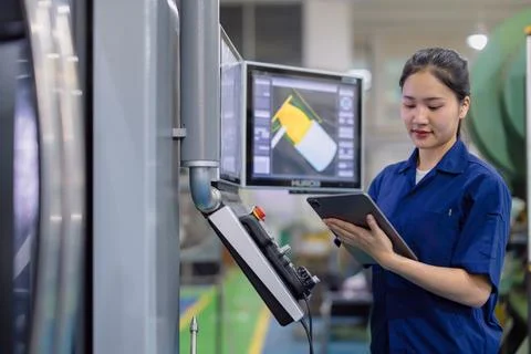 Young technician engineer worker with CNC lathe metal machine in modern ste.. Stock Photos