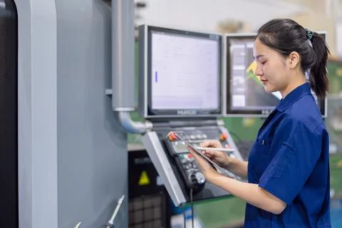 Young technician engineer worker with CNC lathe metal machine in modern ste.. Stock Photos