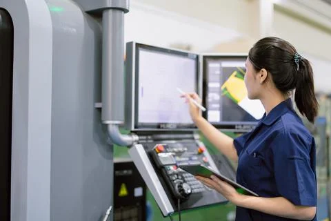 Young technician engineer worker with CNC lathe metal machine in modern ste.. Stock Photos
