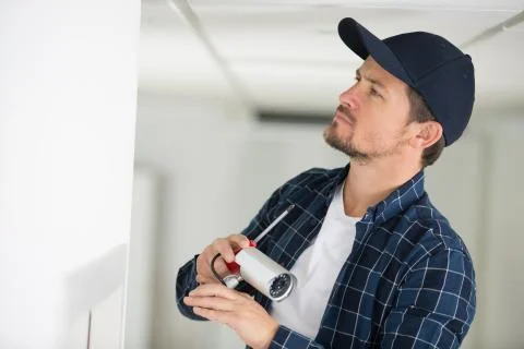 Young technician installing security camera Stock Photos