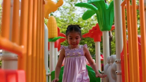 Young Thai Girl Playing on Monkey Bars at Lumpini Park Stock Footage 342583631