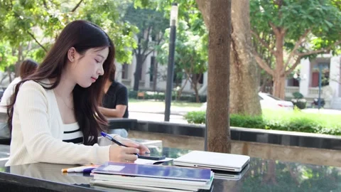 Young Thai University Student Studying with Laptop and Textbook Outdoors Stock Footage 328786817