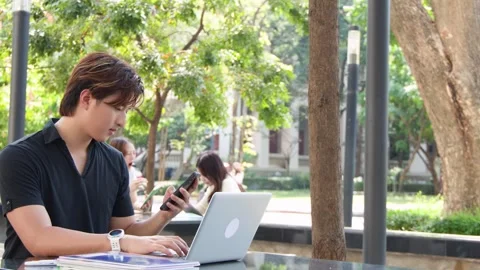 Young Thai University Student Studying with Laptop and Smartphone Outdoors Stock Footage 329461655