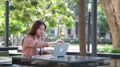 Young Thai University Student Studying with Laptop on Outdoor Campus Stock Footage 332387870