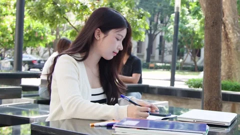 Young Thai University Student Studying with Laptop and Textbook Outdoors Stock Footage 334355771