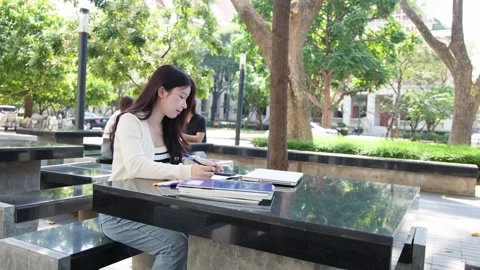 Young Thai University Student Studying with Laptop and Textbooks Outdoors Stock Footage 335500242