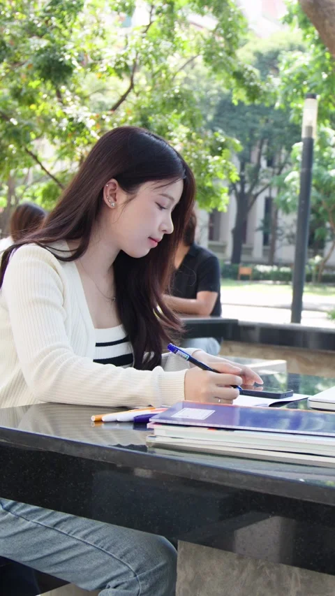 Young Thai University Student Studying with Laptop and Notebooks on Campus Stock Footage 335500352