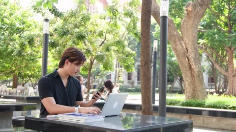 Young Thai University Student Studying with Laptop at Outdoor Campus Table Stock Footage 335616953