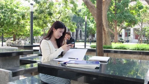 Young Thai University Student Studying with Laptop and Smartphone Outdoors Stock Footage 335617069