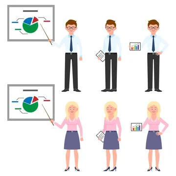 Young, thin office man and woman vector illustration. Standing with pointer Stock Illustration