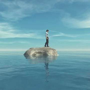 Young thoughtfully in the middle of the ocean. Illustrazione stock
