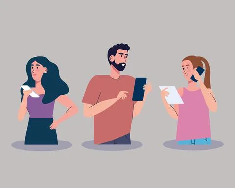 Young three persons using smartphones characters Stock Illustration