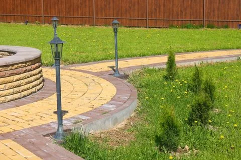 Young thujas on a garden plot with a round flowerbed, design of a summer co.. 스톡 사진