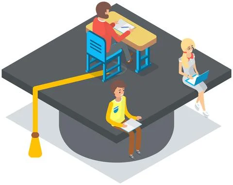 Young tiny people sitting with laptops at desk on graduation student hat, higher 스톡 일러스트