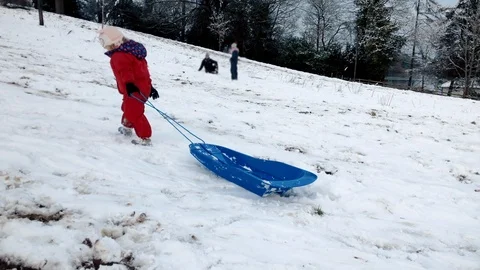 Young toddler girl pulling a sledge up a snowy hill Stock Footage 88507166