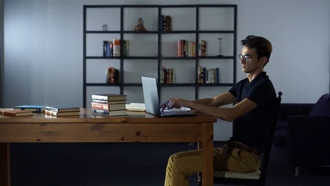 Young Top Manager Working With Computer at Home, Smiling Office Worker, Late at Stock Footage 93275774